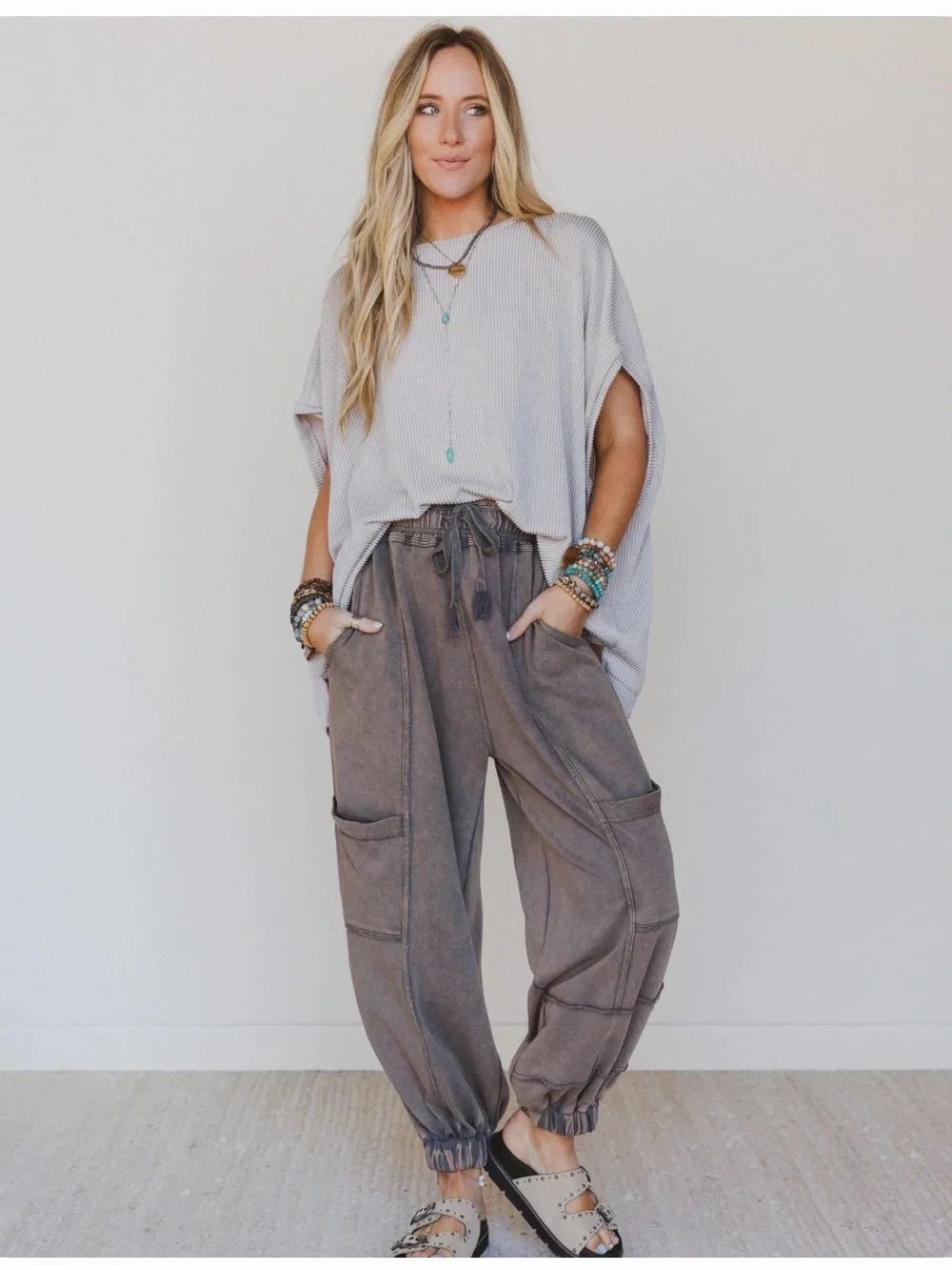 Three Bird Nest Washed Brown Jogger Cargo Pants - Picture 4 of 10